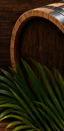Charred oak barrel bound with black iron hoops